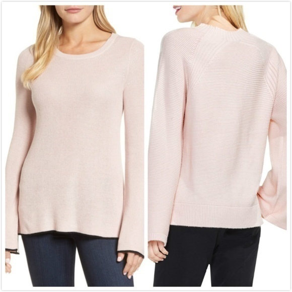Vince Camuto Tipped Bell Sleeve Sweater Light Pink Crewneck Stretch Womens Sz XS - Picture 1 of 5